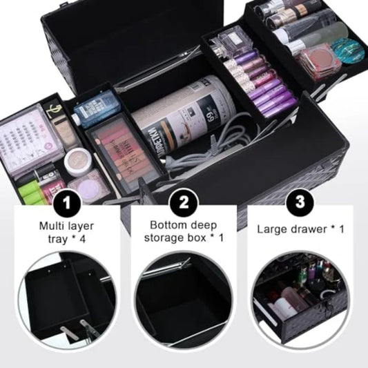 Rolling Makeup Train Case 360 Rotating Wheel Aluminum Cosmetic Case with Trolley 4-Tray for Tattoo/Barber/Nail Tech Travel Cart