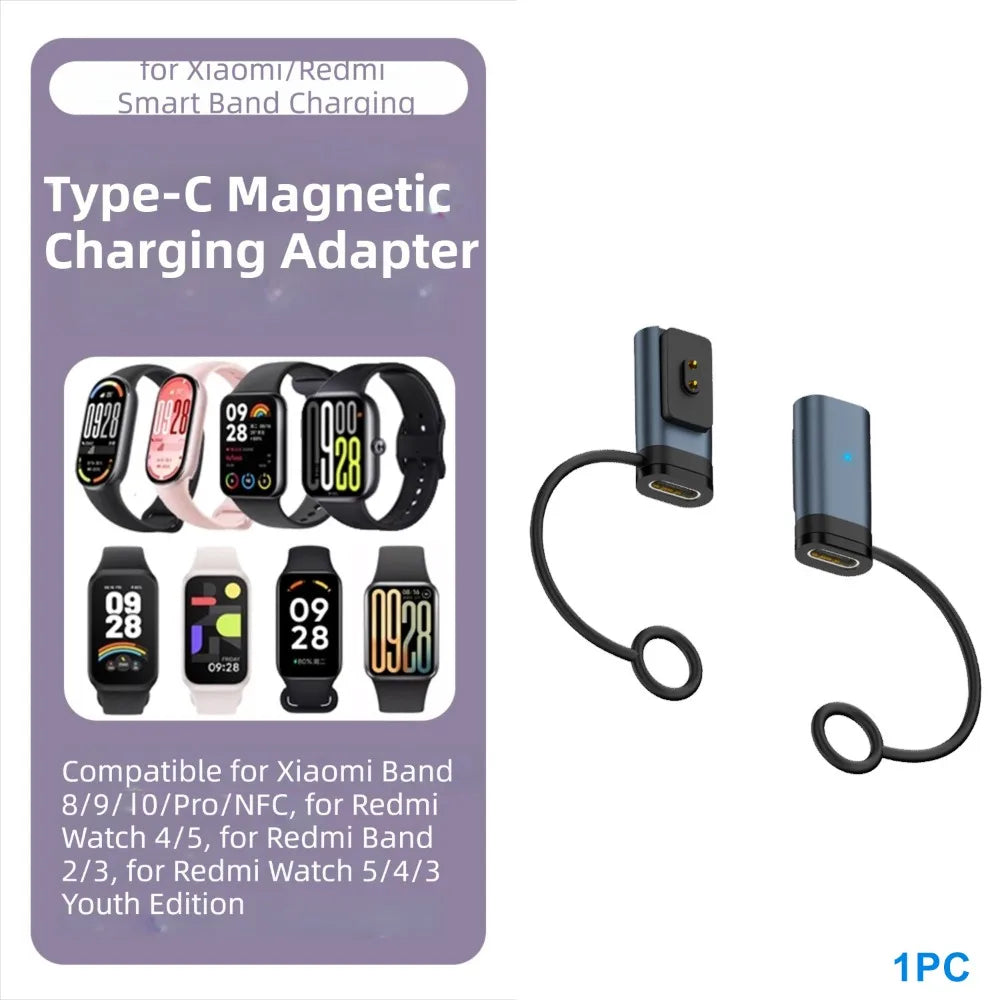LED Indicator Magnetic Charger Converter Type-C Female to 2pin Converter for Xiaomi Smart Band 8/9/10/Pro/NFC Redmi Watch 5/4/3