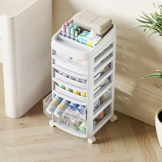 Rolling Cart with 6 Drawers Clear Plastic Drawer Organizers Dust Proof Under Desk Storage for Makeup Skincare Art Crafts and Ba