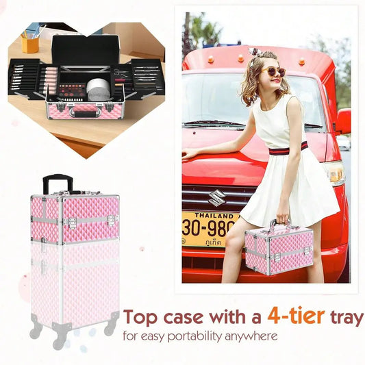 Makeup Train Case 3 In1 Cosmetic Trolley Organizer Travel Case Lockable Salon Barber Case Traveling Cart Trunk With Detachable R