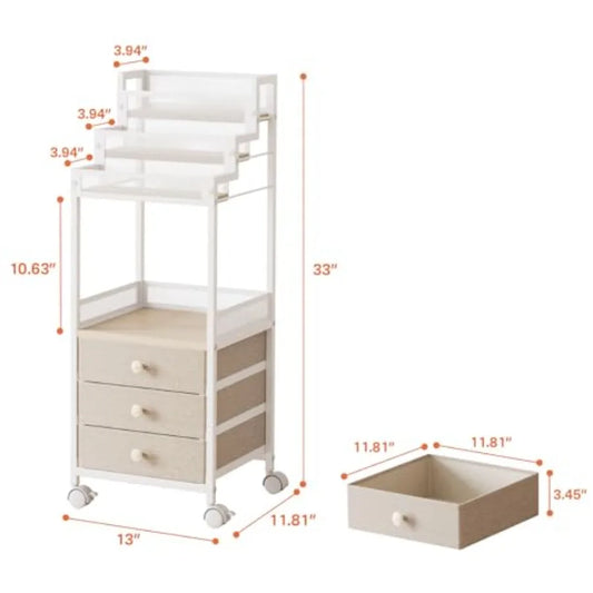 Makeup Organizer Storage Cart with Drawers 13 Inch Large Rolling Skincare Organizer Cart 3-Tier Vanity Organizer Stand for Cosm