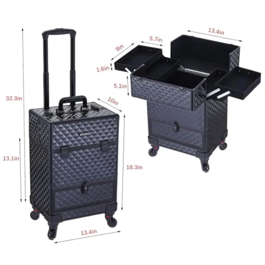 Rolling Makeup Train Case 360 Rotating Wheel Aluminum Cosmetic Case with Trolley 4-Tray for Tattoo/Barber/Nail Tech Travel Cart