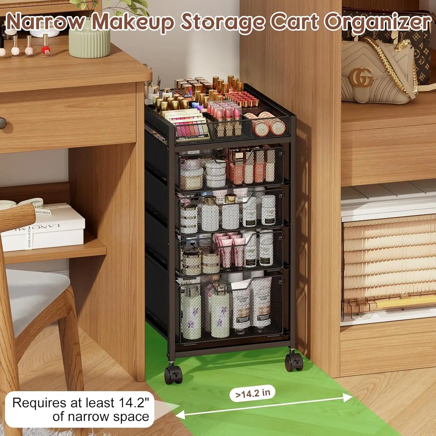 5-Tier Rolling Makeup Cart with 4 Drawers, Adjustable Dividers, Lockable Wheels for Cosmetics Storage