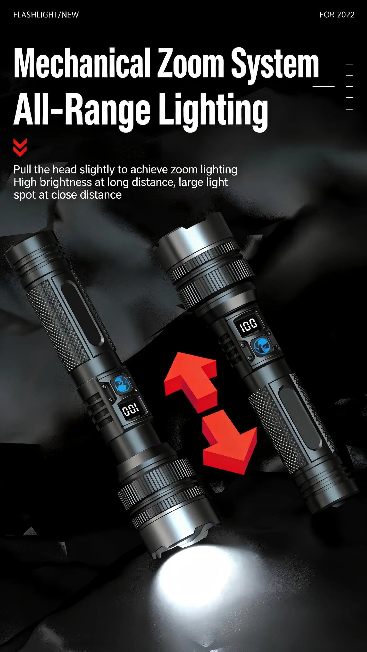 2-in-1 Rechargeable Power Bank Flashlight - Digital Battery Display, Zoomable IPX4 Waterproof for Camping Emergency