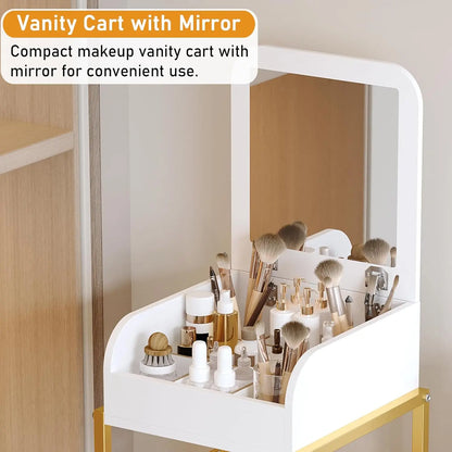 Makeup Cart Organizer with Mirror, Large Rolling Vanity Cart for Cosmetics, Skin Care, Perfume, Nail Polish Storage, Gold