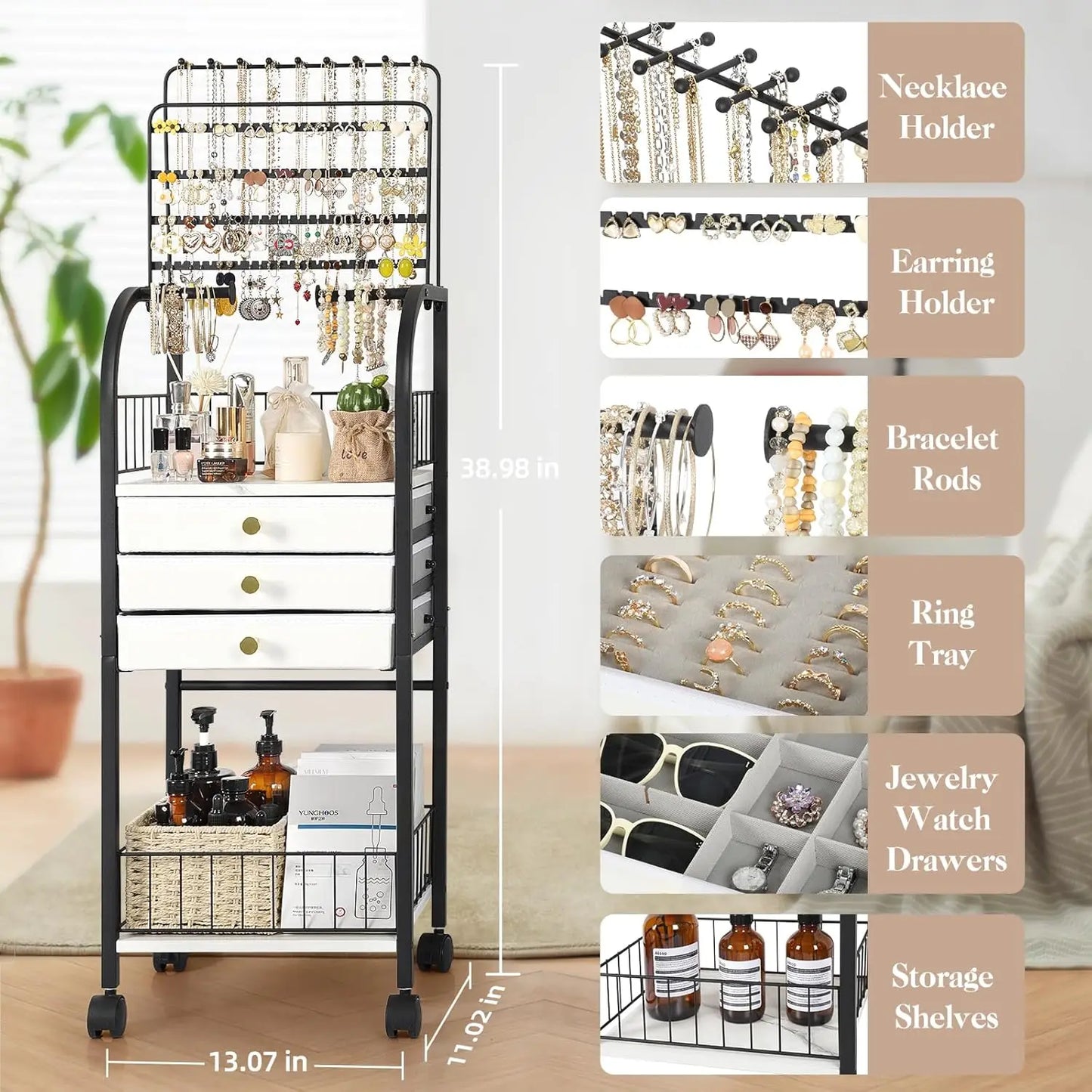 Large Jewelry Organizer Stand with 3 Drawers, Rolling Armoire Tower for Necklace, Earring, Bracelet & Ring Storage in Black