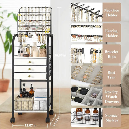Large Jewelry Organizer Stand with 3 Drawers, Rolling Armoire Tower for Necklace, Earring, Bracelet & Ring Storage in Black