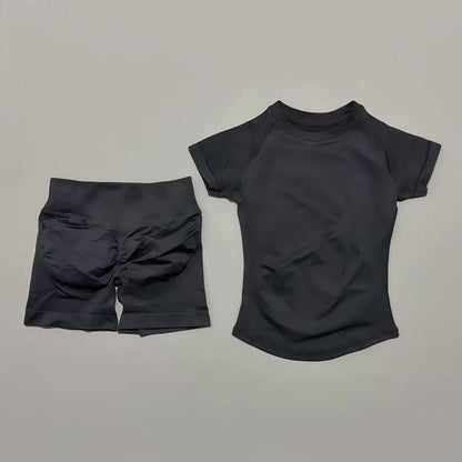 2 Pcs HISTELLO Sports Gym Sets Short Sleeve Seamless Yoga Clothing Fitness Set Women Workout Running Sports Short Leggings Suit