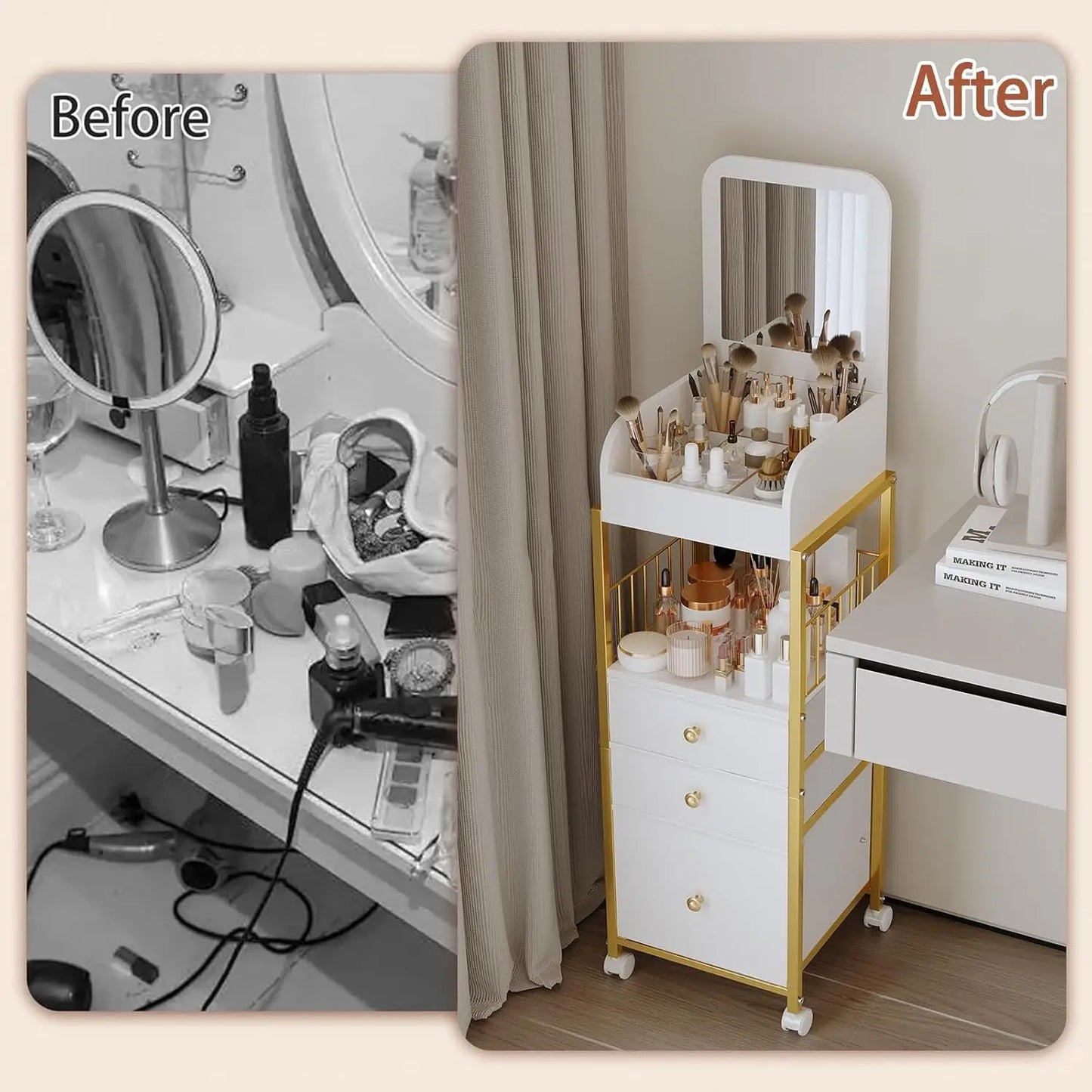 Makeup Cart Organizer with Mirror, Large Rolling Vanity Cart for Cosmetics, Skin Care, Perfume, Nail Polish Storage, Gold