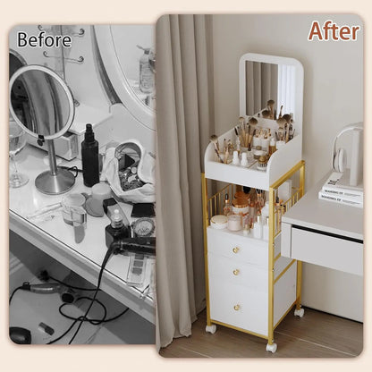 Makeup Cart Organizer with Mirror, Large Rolling Vanity Cart for Cosmetics, Skin Care, Perfume, Nail Polish Storage, Gold