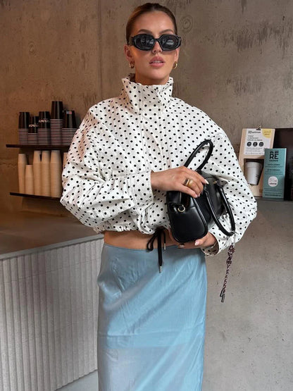 HH Fashion Women's Polka Dot Print Short Coats Autumn Long Sleeves Turtleneck Zipper With Pockets Drawstring Casual Jacket