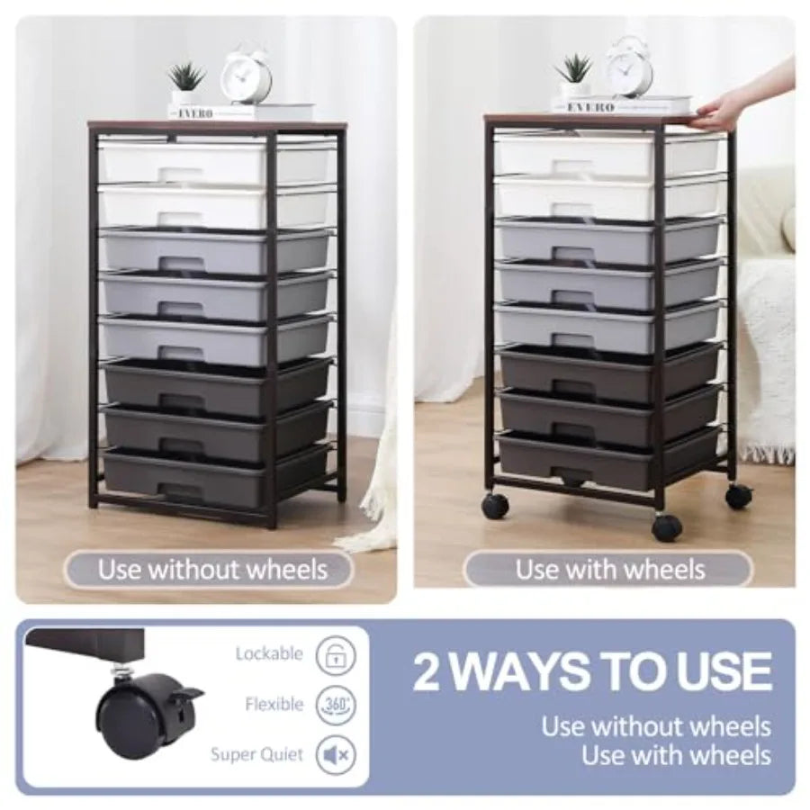 Rolling Cart with Drawers Utility Cart with 8 Drawers and Wooden Tabletop for Living Room Classroom Bedroom Bathroom Dorm Offic
