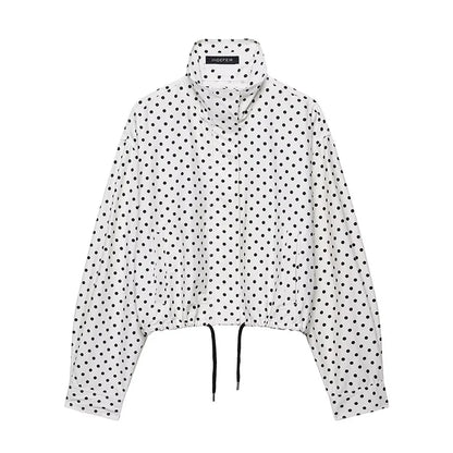HH Fashion Women's Polka Dot Print Short Coats Autumn Long Sleeves Turtleneck Zipper With Pockets Drawstring Casual Jacket