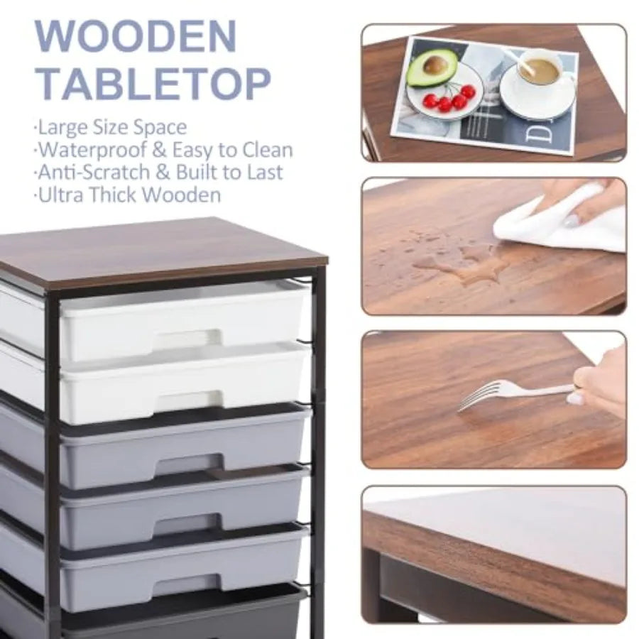 Rolling Cart with Drawers Utility Cart with 8 Drawers and Wooden Tabletop for Living Room Classroom Bedroom Bathroom Dorm Offic