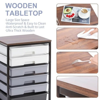 Rolling Cart with Drawers Utility Cart with 8 Drawers and Wooden Tabletop for Living Room Classroom Bedroom Bathroom Dorm Offic