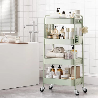 4-Tier Rolling Cart with Pegboard, Metal Storage Organizer with Wheels, Hooks & Bins for Bathroom, Kitchen, Office