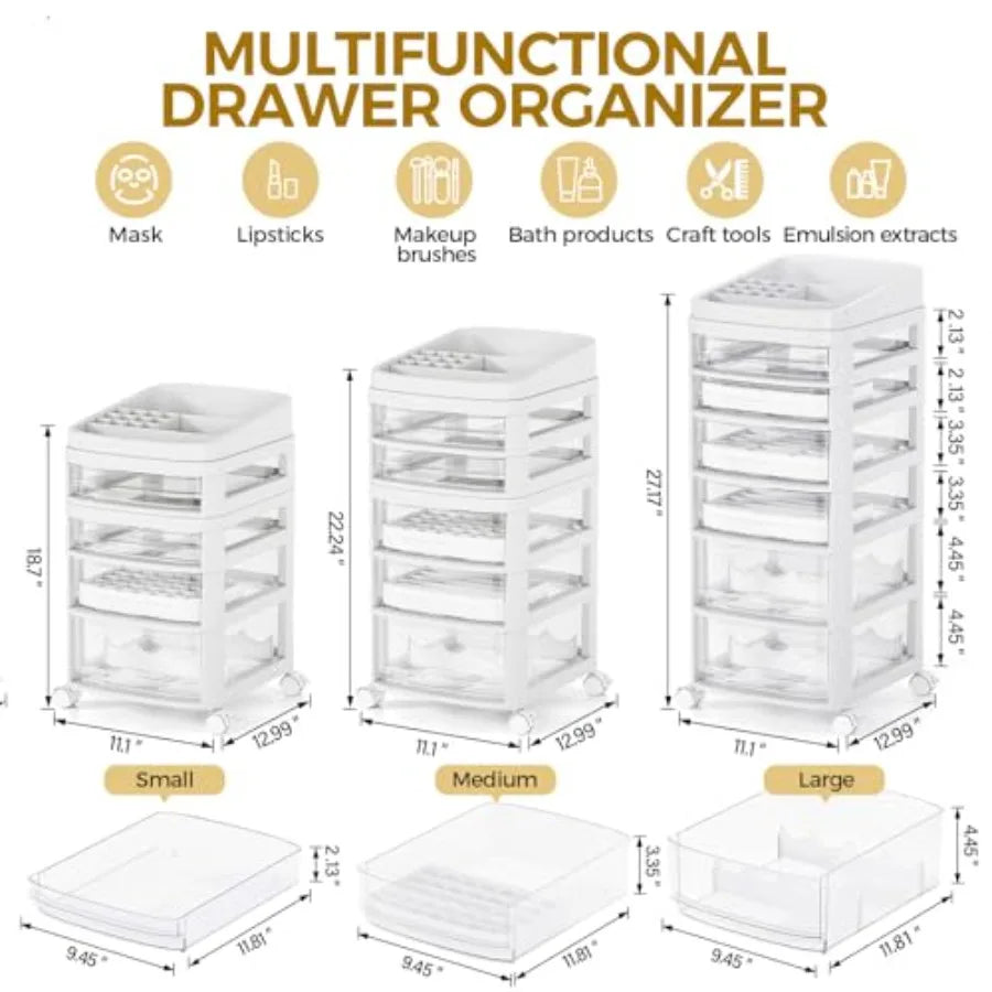 Rolling Cart with 6 Drawers Clear Plastic Drawer Organizers Dust Proof Under Desk Storage for Makeup Skincare Art Crafts and Ba