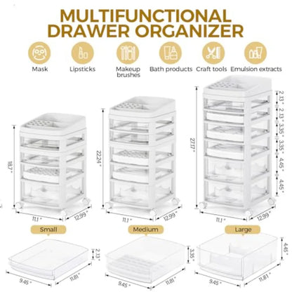 Rolling Cart with 6 Drawers Clear Plastic Drawer Organizers Dust Proof Under Desk Storage for Makeup Skincare Art Crafts and Ba