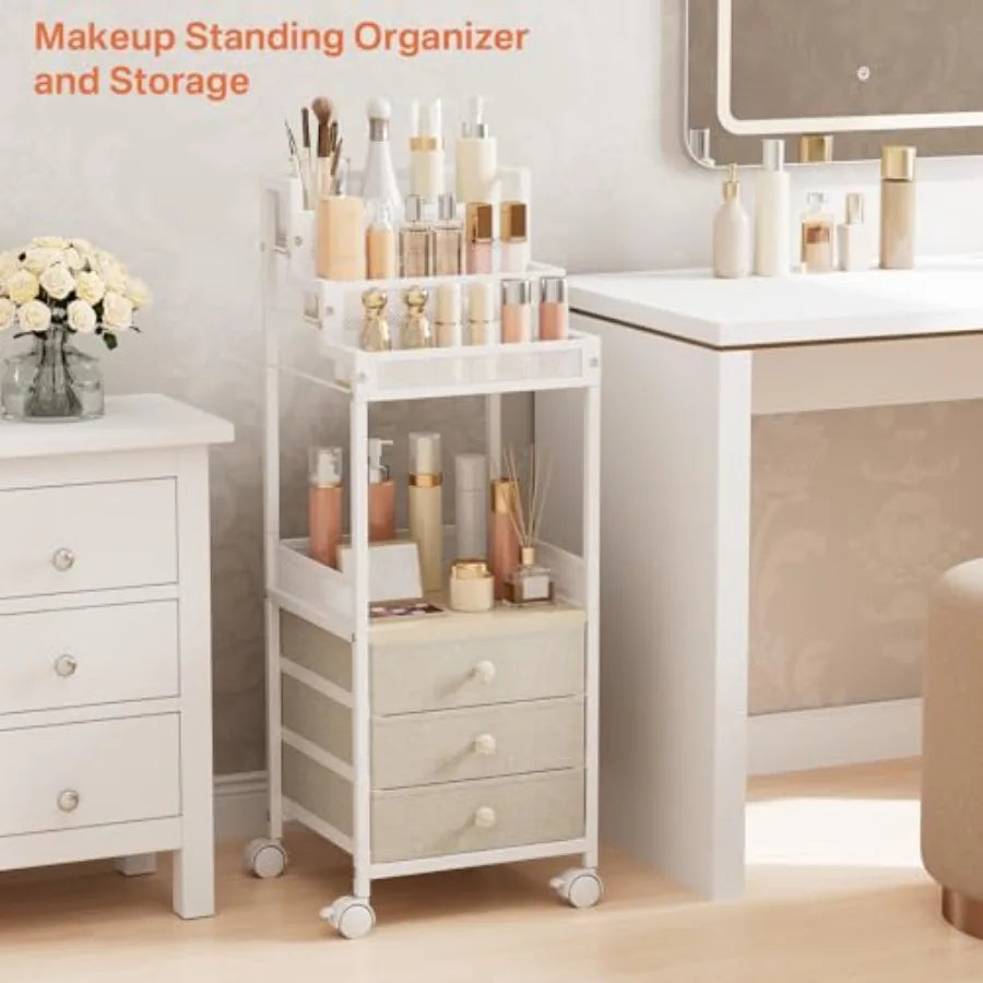 Makeup Organizer Storage Cart with Drawers 13 Inch Large Rolling Skincare Organizer Cart 3-Tier Vanity Organizer Stand for Cosm