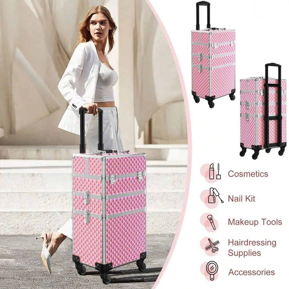 Makeup Train Case 3 In1 Cosmetic Trolley Organizer Travel Case Lockable Salon Barber Case Traveling Cart Trunk With Detachable R