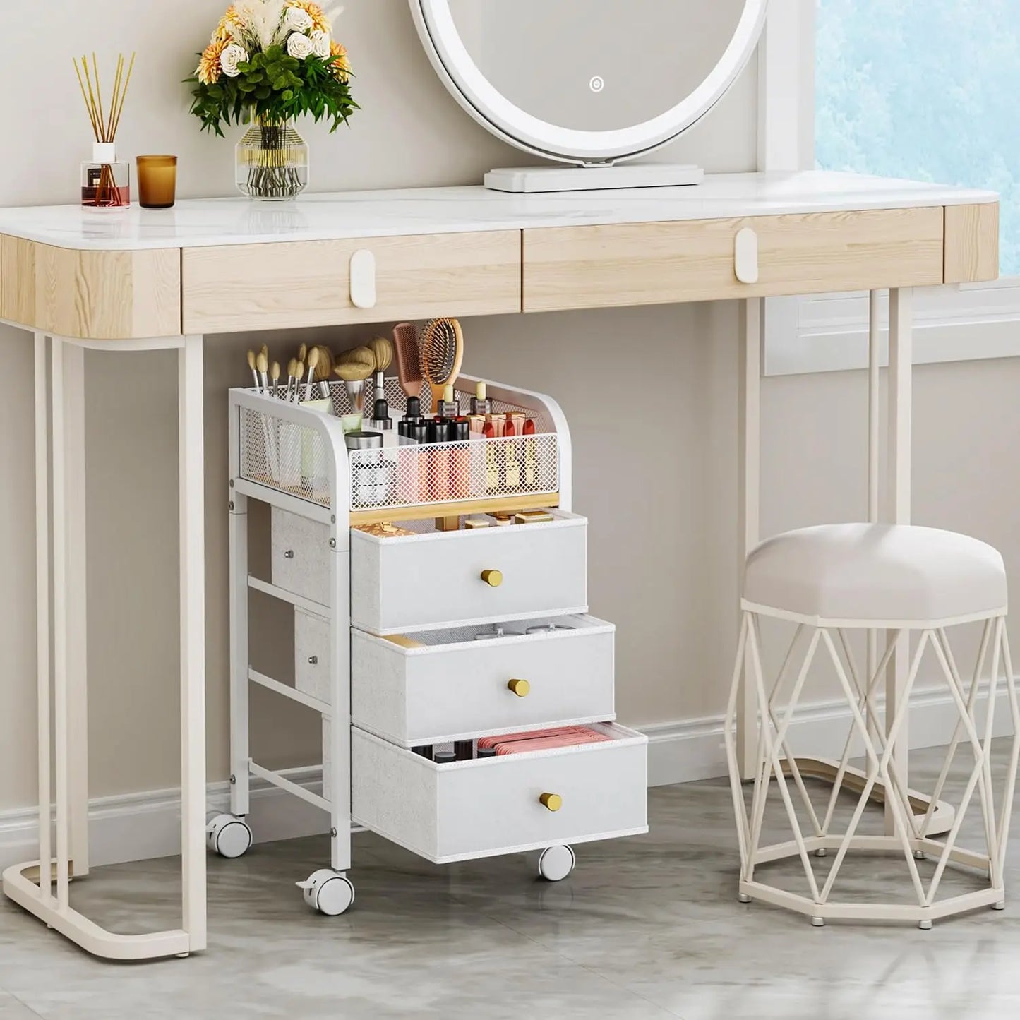 Rolling Makeup Organizer Cart with 3 Drawers and Lockable Wheels for Skincare, Cosmetics, and Hair Tools