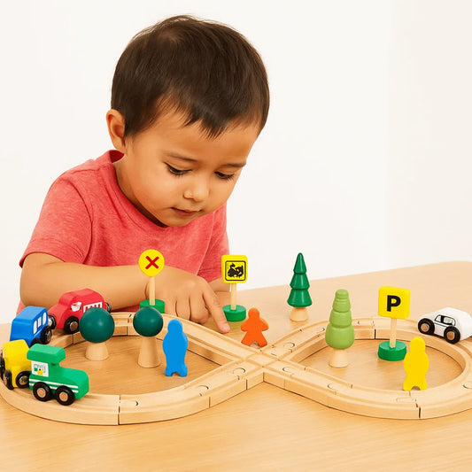 8-shaped Children Wooden Train Rail Signal Light Early Education Thinking Training Track Train Multifunctional Splicing