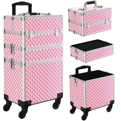 Makeup Train Case 3 In1 Cosmetic Trolley Organizer Travel Case Lockable Salon Barber Case Traveling Cart Trunk With Detachable R