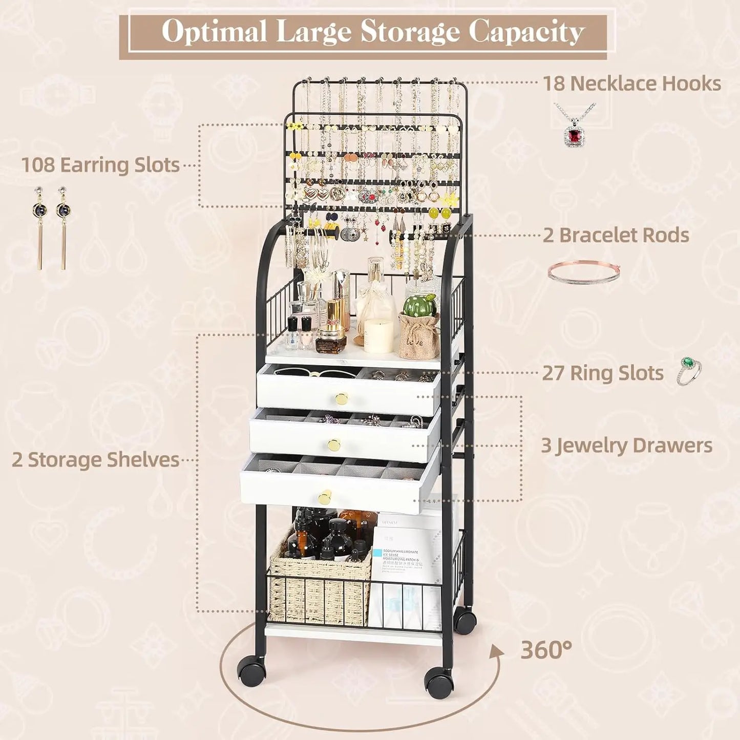 Large Jewelry Organizer Stand with 3 Drawers, Rolling Armoire Tower for Necklace, Earring, Bracelet & Ring Storage in Black