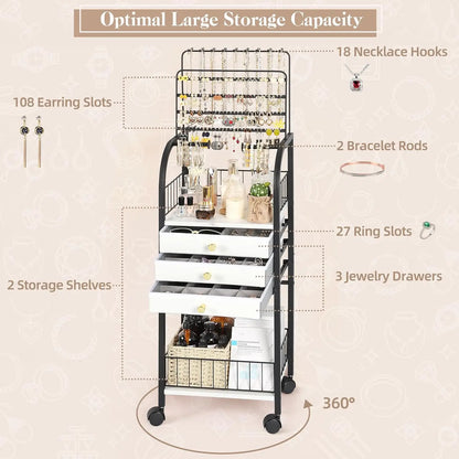 Large Jewelry Organizer Stand with 3 Drawers, Rolling Armoire Tower for Necklace, Earring, Bracelet & Ring Storage in Black