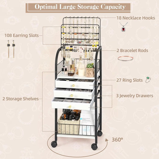 Large Jewelry Organizer Stand with 3 Drawers, Rolling Armoire Tower for Necklace, Earring, Bracelet & Ring Storage in Black