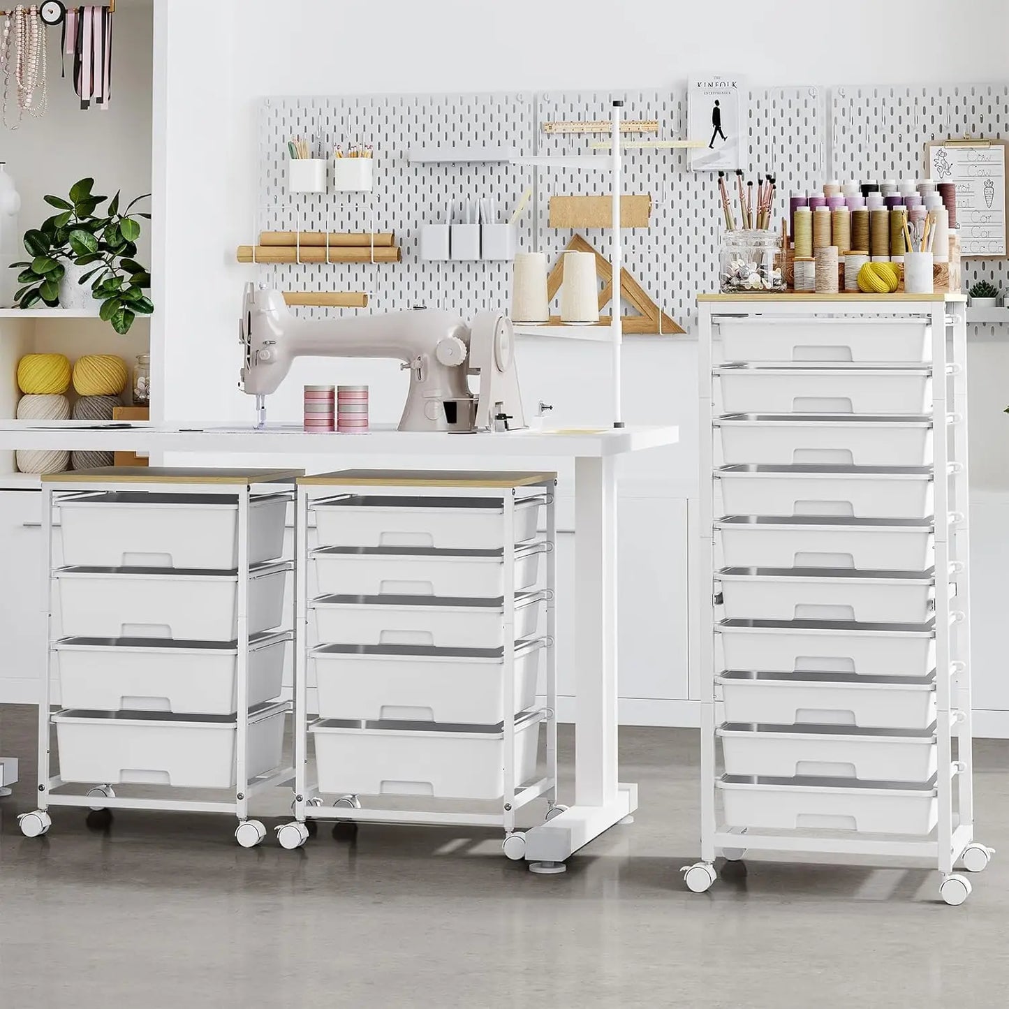 10-Drawer Rolling Cart with Wheels and Wooden Tabletop, White Utility Storage Cart for Classroom or Craft Use