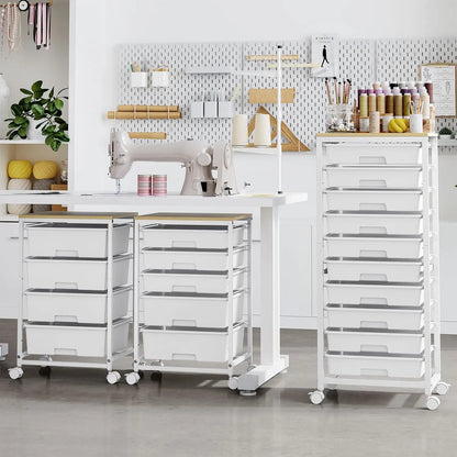 10-Drawer Rolling Cart with Wheels and Wooden Tabletop, White Utility Storage Cart for Classroom or Craft Use