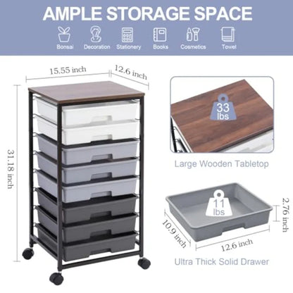 Rolling Cart with Drawers Utility Cart with 8 Drawers and Wooden Tabletop for Living Room Classroom Bedroom Bathroom Dorm Offic