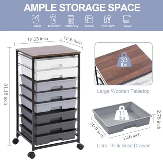 Rolling Cart with Drawers Utility Cart with 8 Drawers and Wooden Tabletop for Living Room Classroom Bedroom Bathroom Dorm Offic