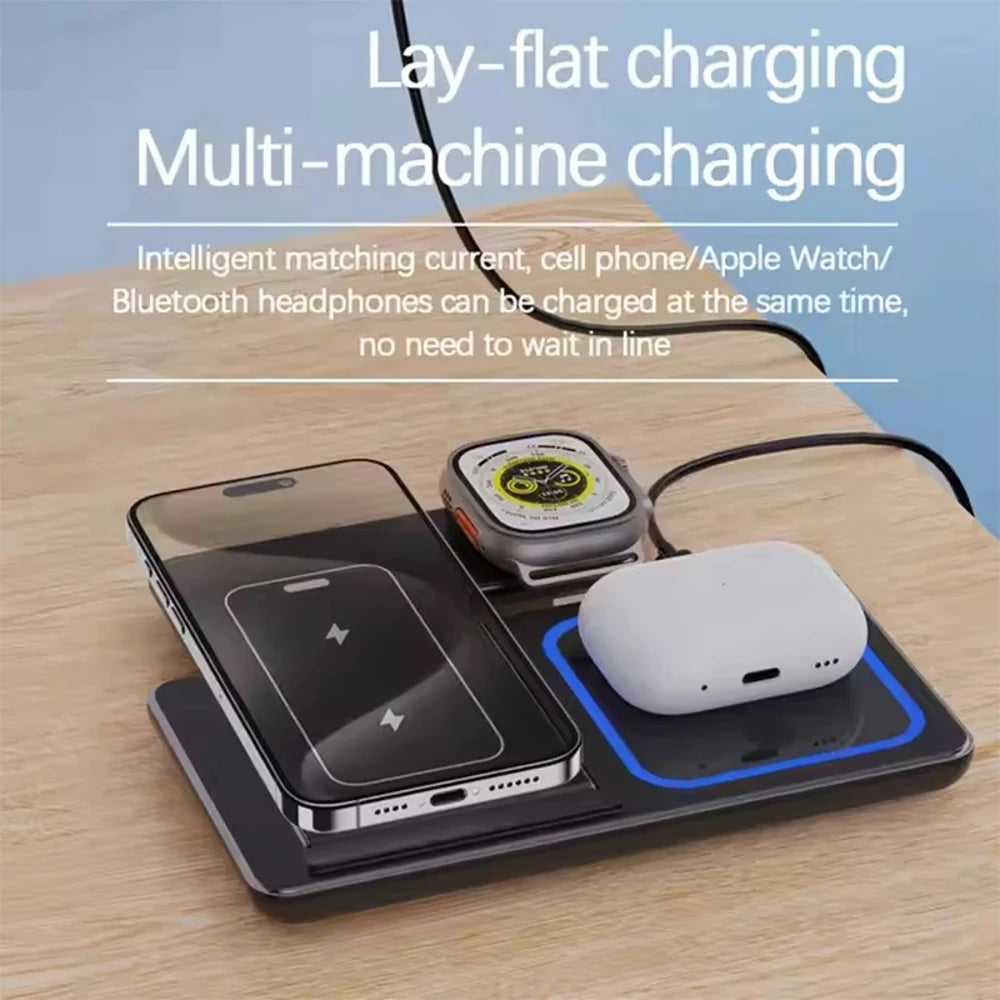 3-in-1 Foldable Wireless Charging Station 30W Fast Charger Stand Qi2 Certified Compatible with Phones Smart Watches Earbuds Desk