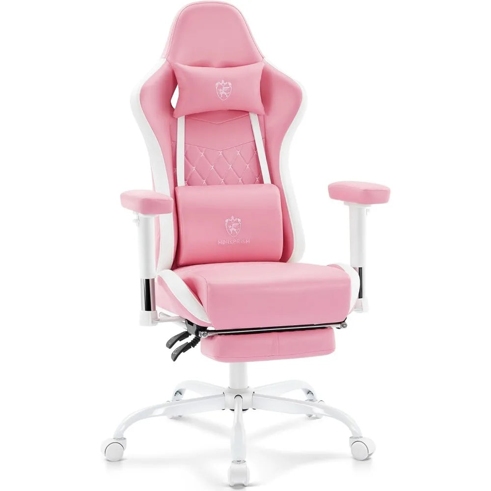 Ergonomic Reclining Gaming Chair with Massage Lumbar Support Footrest Headrest and Adjustable Armrests Pink