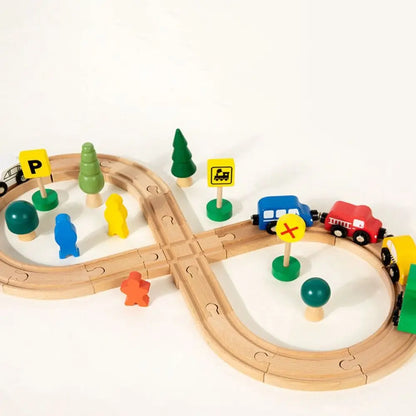 8-shaped Children Wooden Train Rail Signal Light Early Education Thinking Training Track Train Multifunctional Splicing