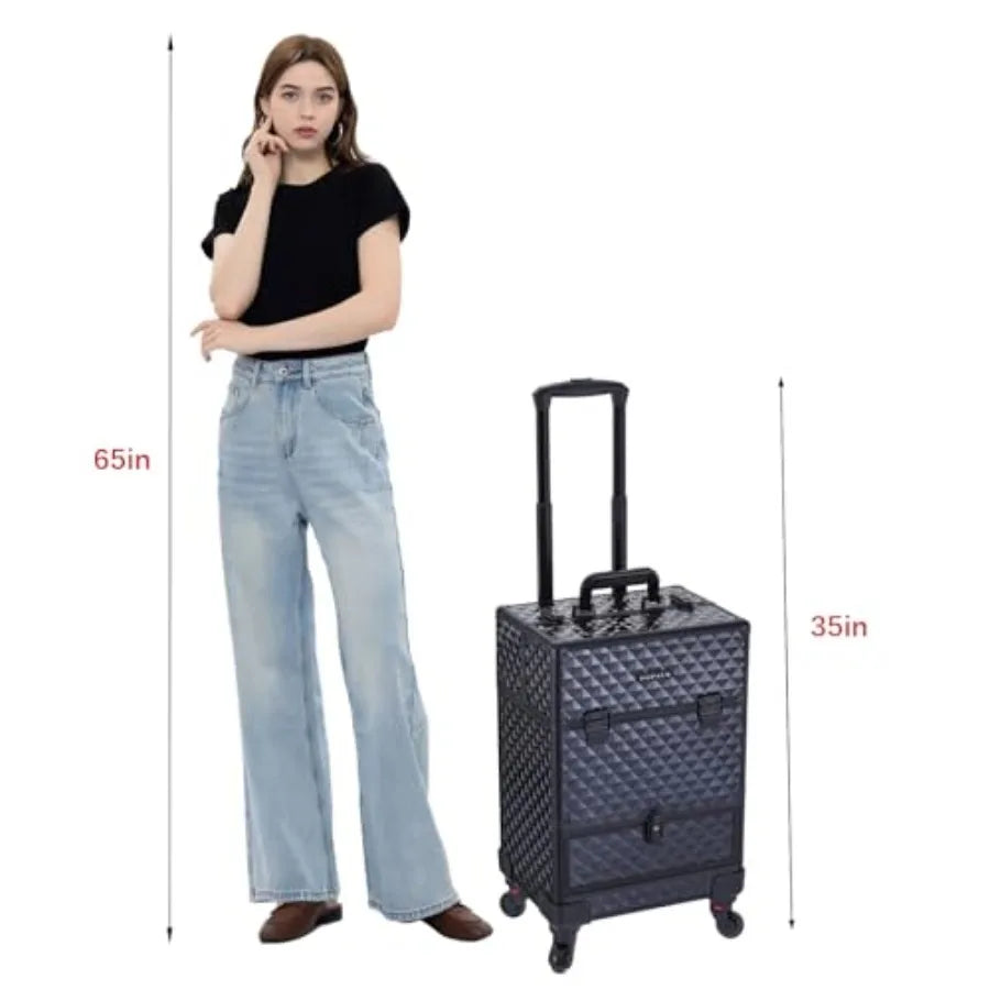 Rolling Makeup Train Case 360 Rotating Wheel Aluminum Cosmetic Case with Trolley 4-Tray for Tattoo/Barber/Nail Tech Travel Cart