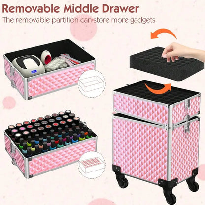 Makeup Train Case 3 In1 Cosmetic Trolley Organizer Travel Case Lockable Salon Barber Case Traveling Cart Trunk With Detachable R
