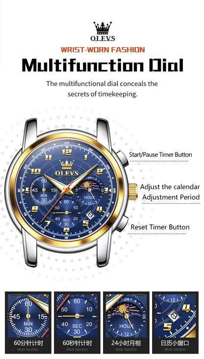 OLEVS 2983 New Quartz Men's Wristwatches Digital Intelligent Style Literal Steel Strap Waterproof Moon Phase Chronograph Watch