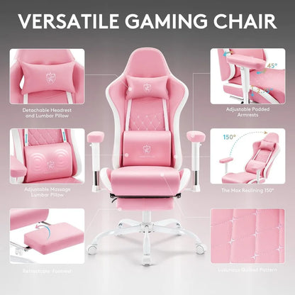 Ergonomic Reclining Gaming Chair with Massage Lumbar Support Footrest Headrest and Adjustable Armrests Pink