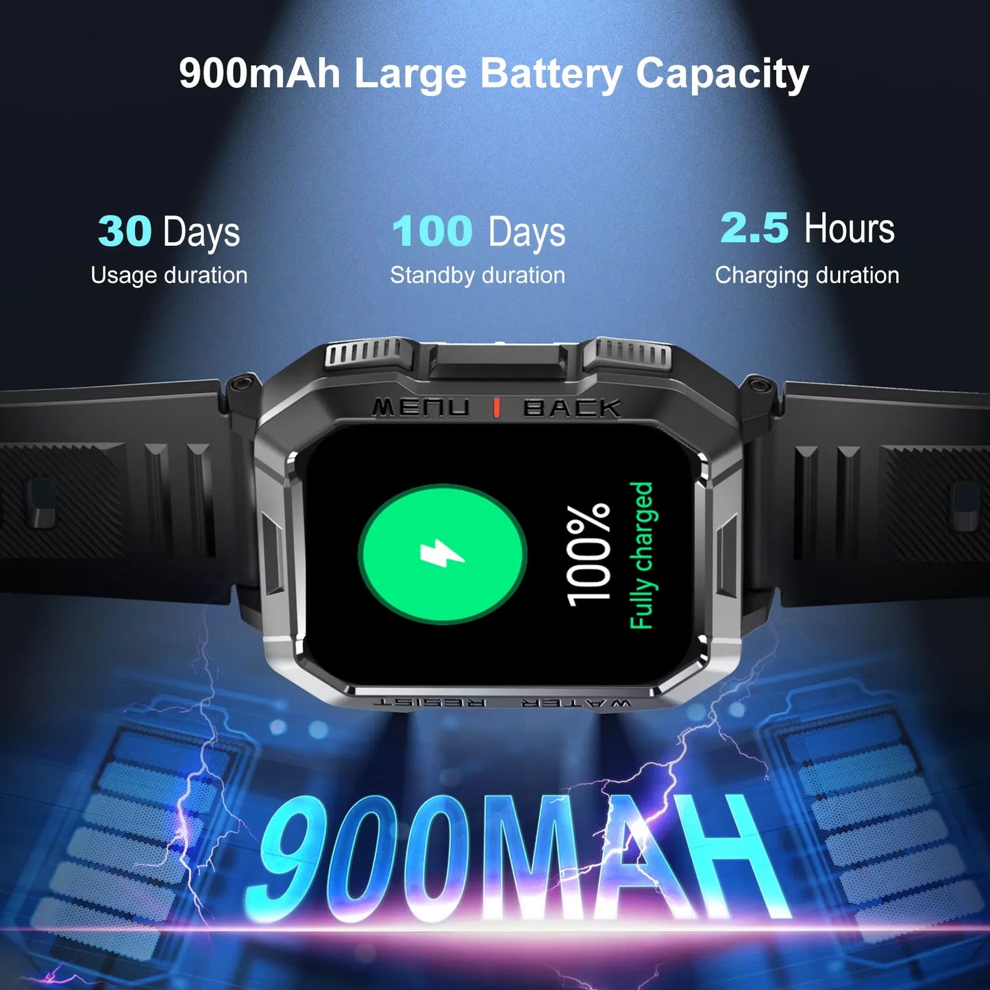 Blackview W60 Waterproof Smartwatch with Emergency Lighting 2.01'' Screen 900mAh Large Battery BT Outdoor Sport Watches for Man