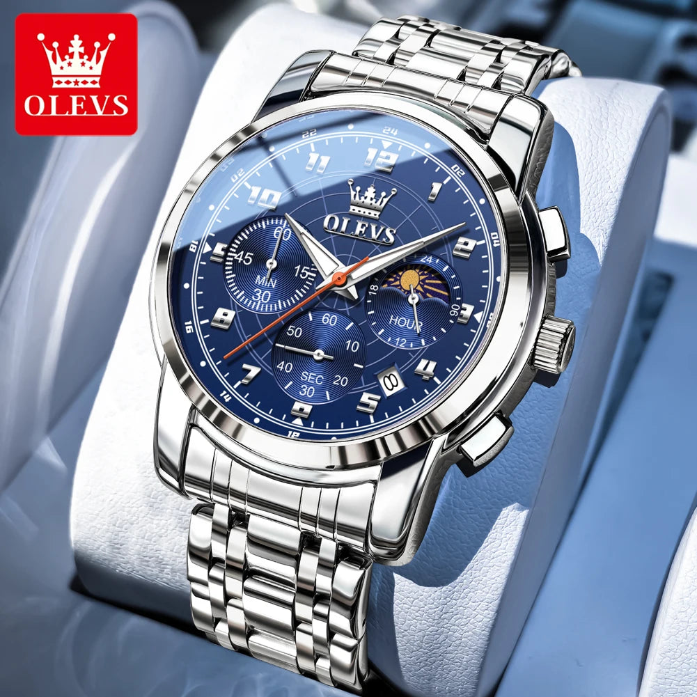OLEVS 2983 New Quartz Men's Wristwatches Digital Intelligent Style Literal Steel Strap Waterproof Moon Phase Chronograph Watch