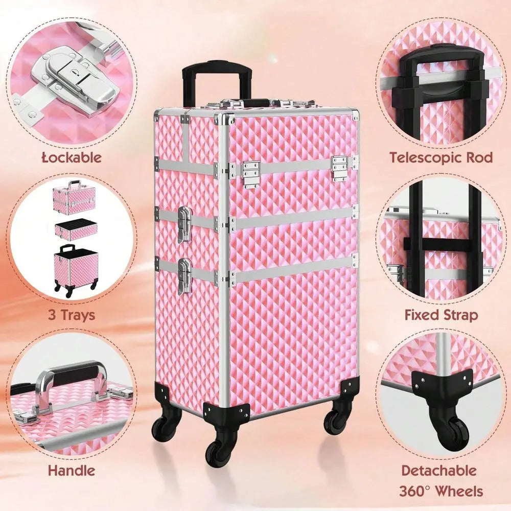 Makeup Train Case 3 In1 Cosmetic Trolley Organizer Travel Case Lockable Salon Barber Case Traveling Cart Trunk With Detachable R