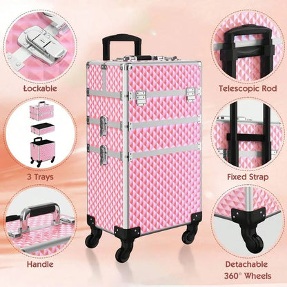 Makeup Train Case 3 In1 Cosmetic Trolley Organizer Travel Case Lockable Salon Barber Case Traveling Cart Trunk With Detachable R