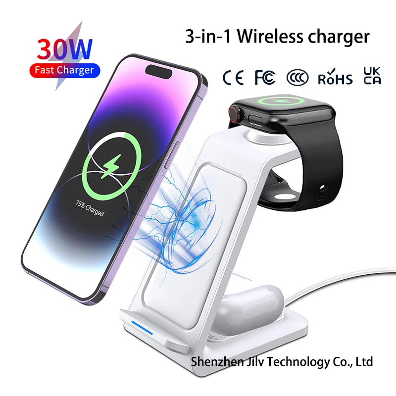 30W 3-In-1 Wireless Charger Stand Dock For iPhone Samsung Xiaomi OPPO Apple Watch 8 7 AirPods Induction Fast Charging Station