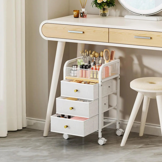 Rolling Makeup Organizer Cart with 3 Drawers and Lockable Wheels for Skincare, Cosmetics, and Hair Tools
