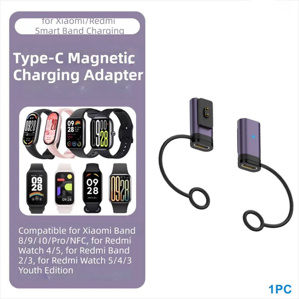 LED Indicator Magnetic Charger Converter Type-C Female to 2pin Converter for Xiaomi Smart Band 8/9/10/Pro/NFC Redmi Watch 5/4/3