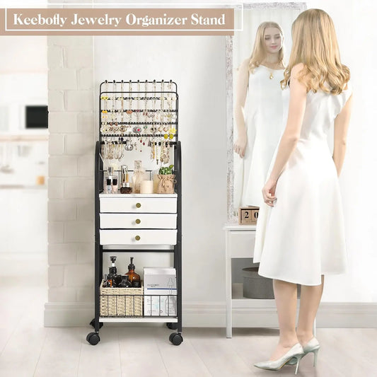 Large Jewelry Organizer Stand with 3 Drawers, Rolling Armoire Tower for Necklace, Earring, Bracelet & Ring Storage in Black