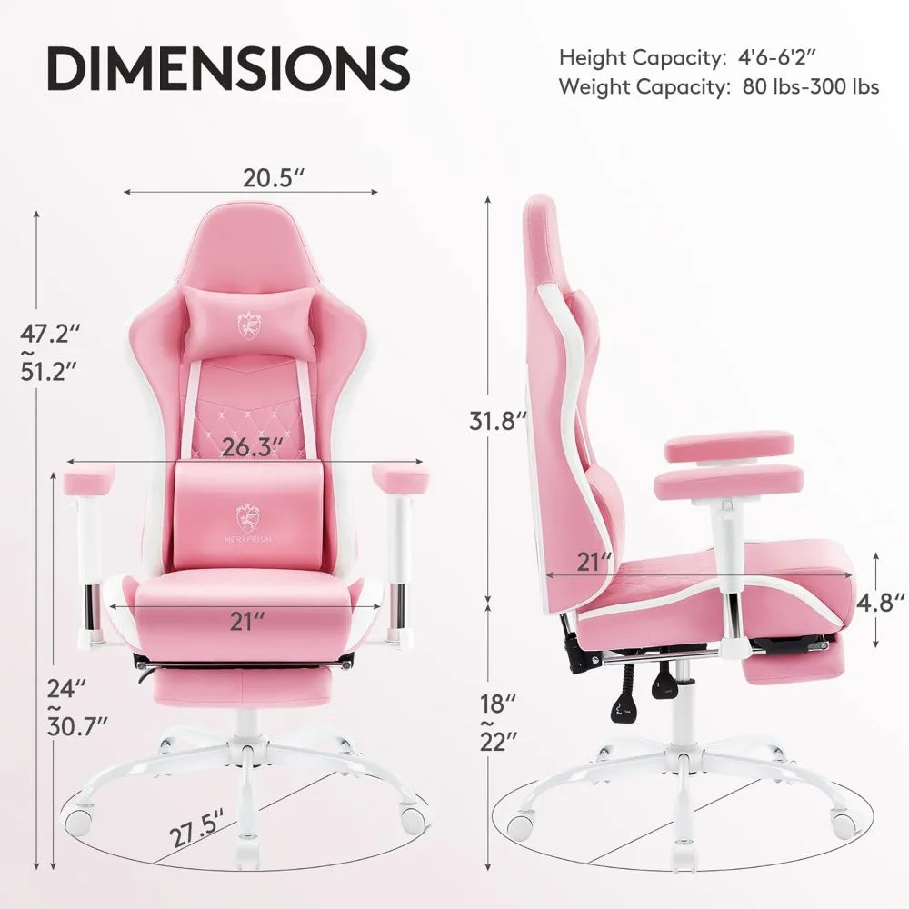 Ergonomic Reclining Gaming Chair with Massage Lumbar Support Footrest Headrest and Adjustable Armrests Pink